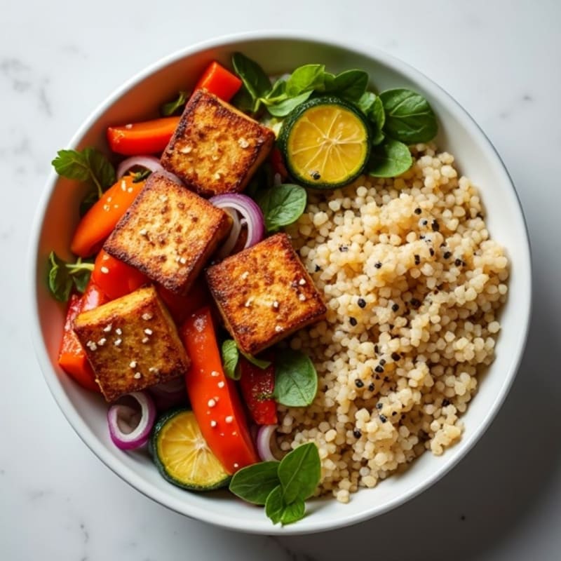 Crispy Tofu Power Bowl with Quinoa and Roasted Vegetables