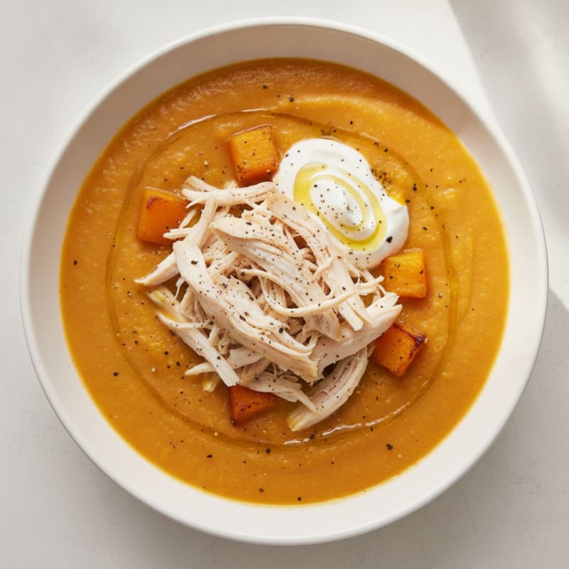 Roasted Butternut Squash Soup with Shredded Chicken