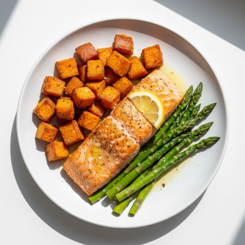 Seared Salmon with Roasted Sweet Potato and Asparagus