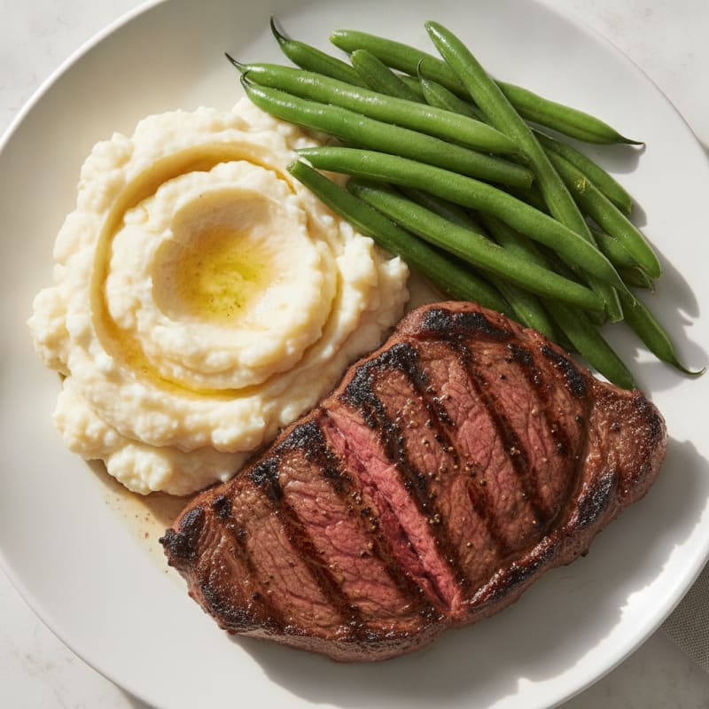 Seared Lean Beef with Steamed Green Beans and Cauliflower Mash