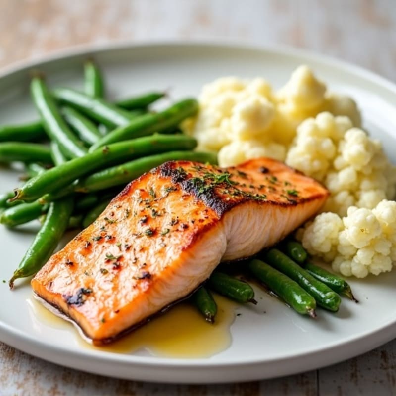 Seared Salmon with Garlic Green Beans and Cauliflower Mash