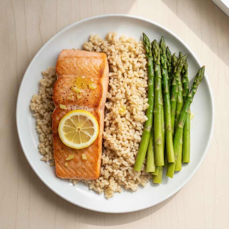 Seared Salmon with Steamed Asparagus and Brown Rice