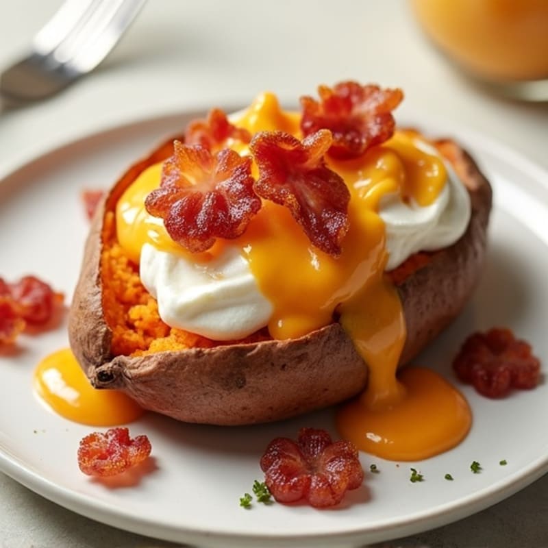 Baked Sweet Potato with Crispy Turkey Bacon and Creamy Cheesy Sauce