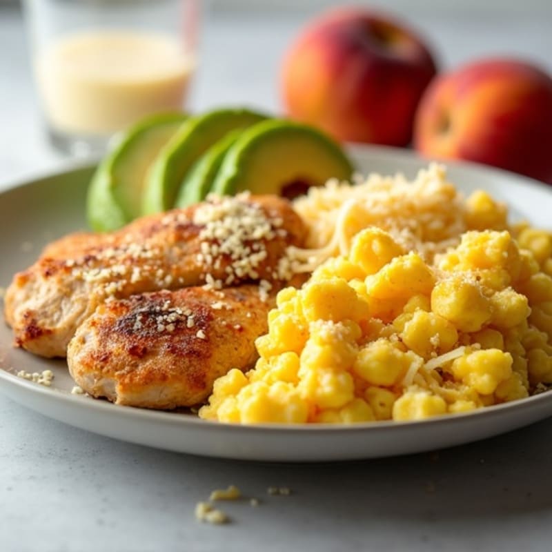 Scrambled Eggs and Chicken with Sliced Avocado, Fresh Peaches, and Grated Cheese