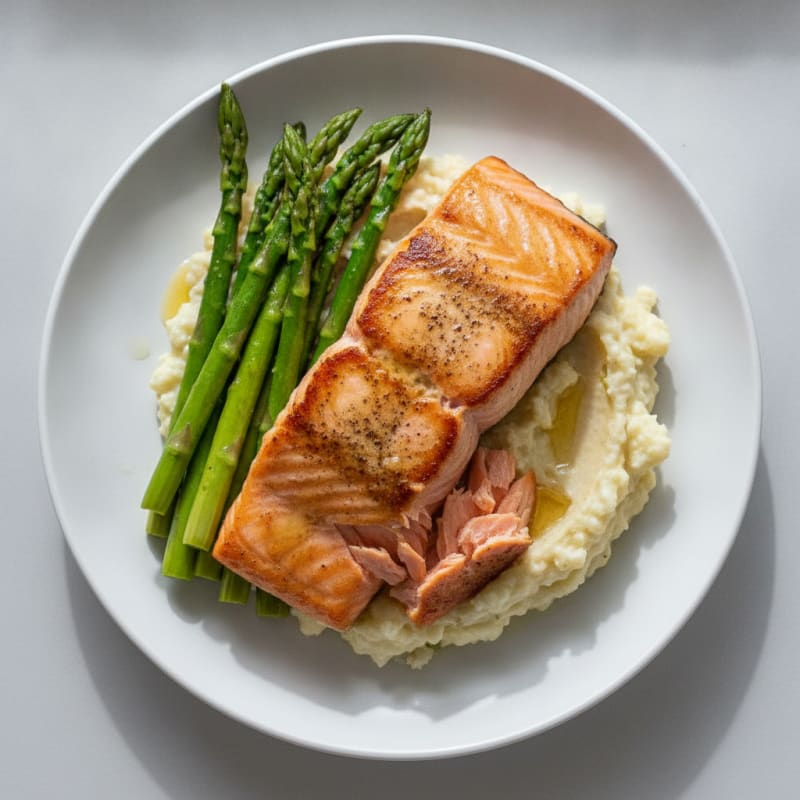 Seared Salmon Fillet with Steamed Asparagus and Cauliflower Mash