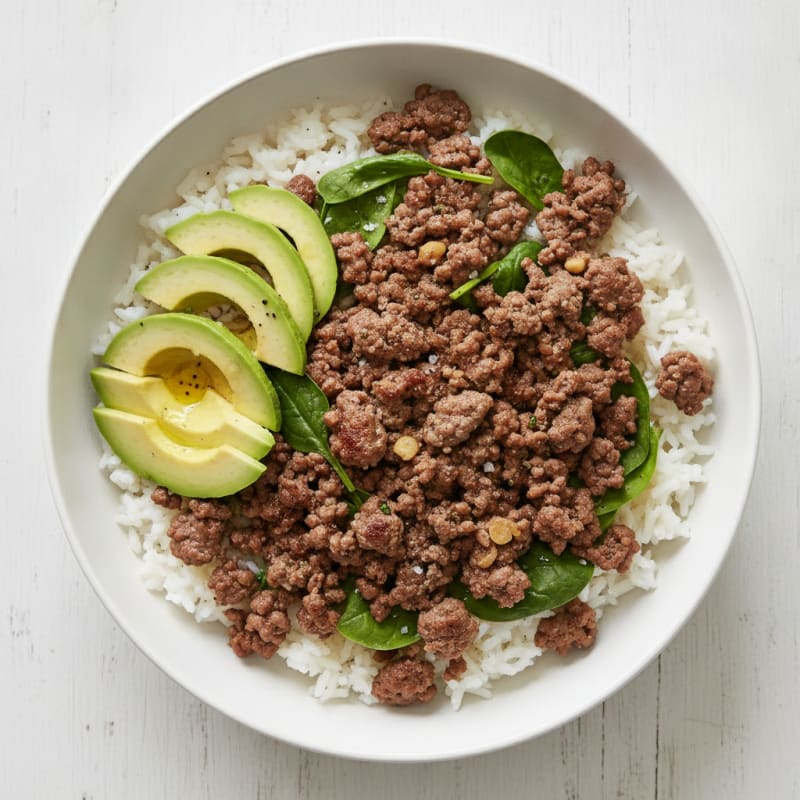 Savory Ground Beef and Rice Bowl with Avocado