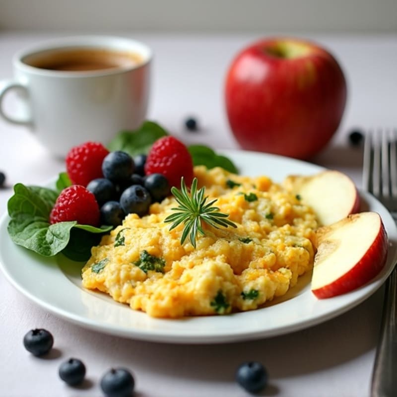 Egg White Scramble with Spinach, Collagen Coffee, and Fresh Berries with a Side Apple