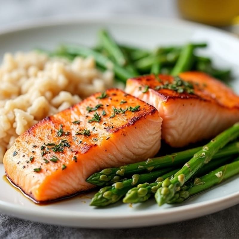 Seared Salmon with Steamed Asparagus and Brown Rice
