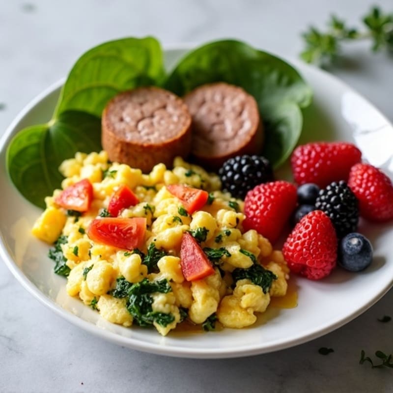 Egg White Veggie Scramble with Turkey Sausage and Fresh Berries