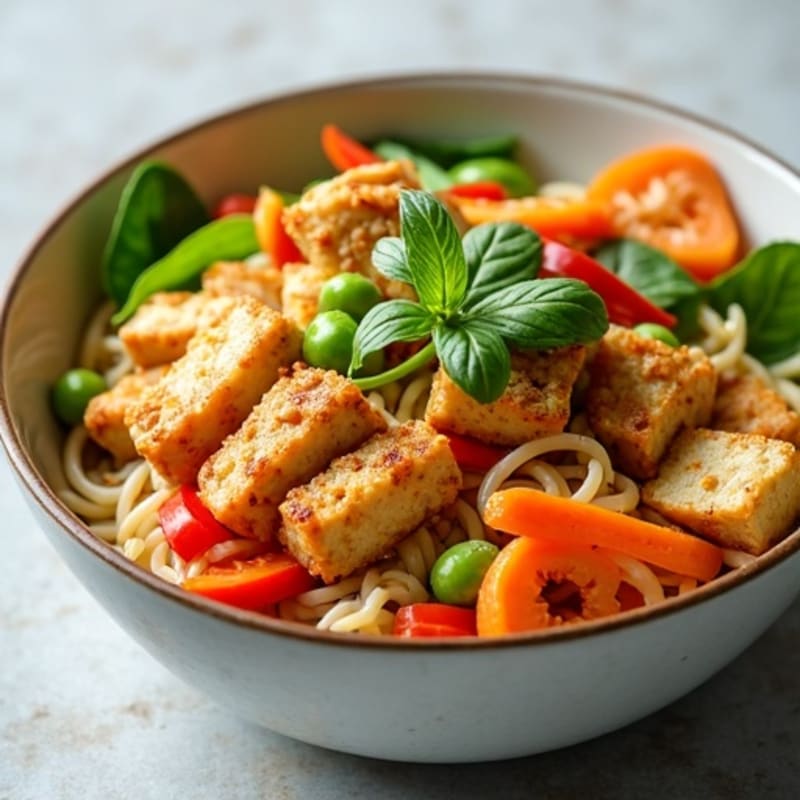 Creamy Thai Peanut Noodles with Crispy Tofu and Fresh Vegetables