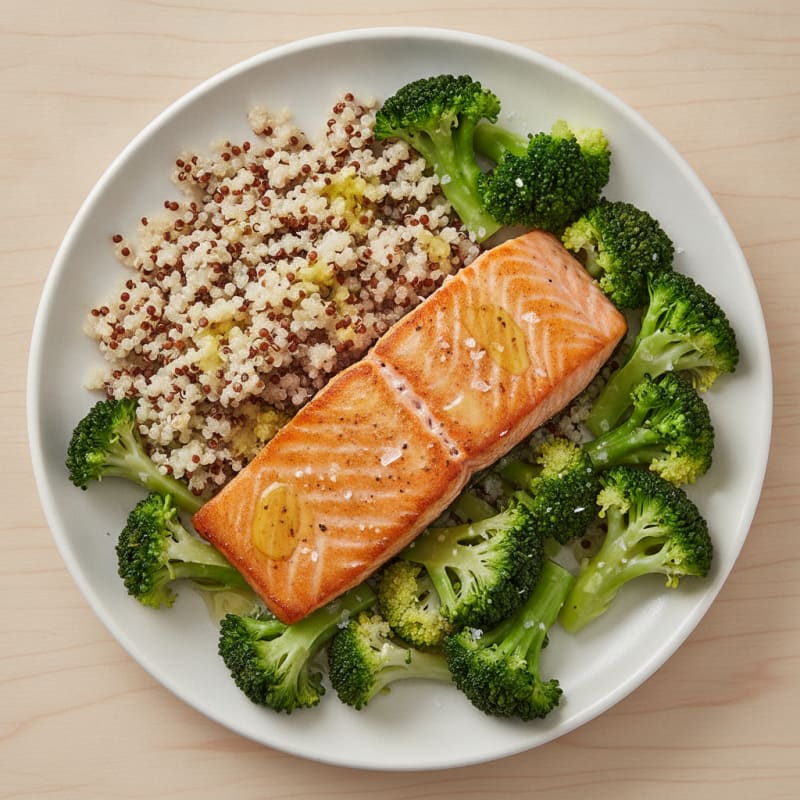 Seared Salmon with Steamed Broccoli and Quinoa
