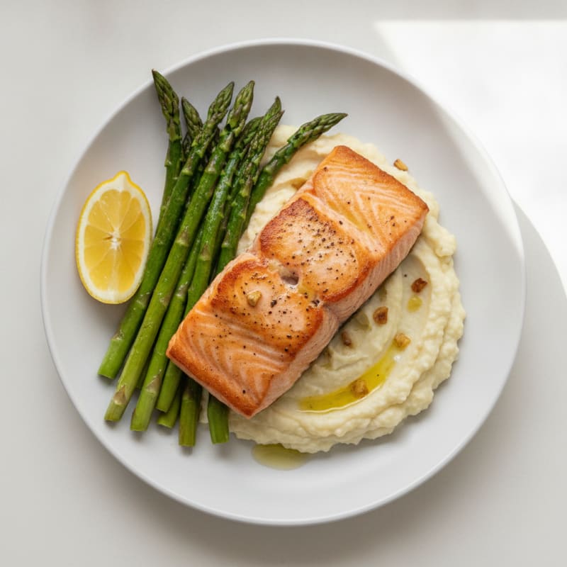 Seared Salmon Fillet with Roasted Asparagus and Cauliflower Mash