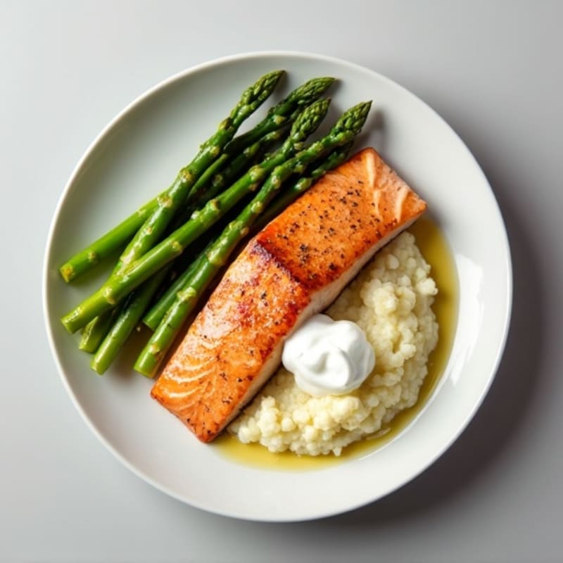 Seared Salmon with Steamed Asparagus and Cauliflower Mash