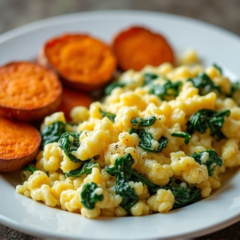 Fluffy Scrambled Eggs with Fresh Spinach and Roasted Sweet Potatoes