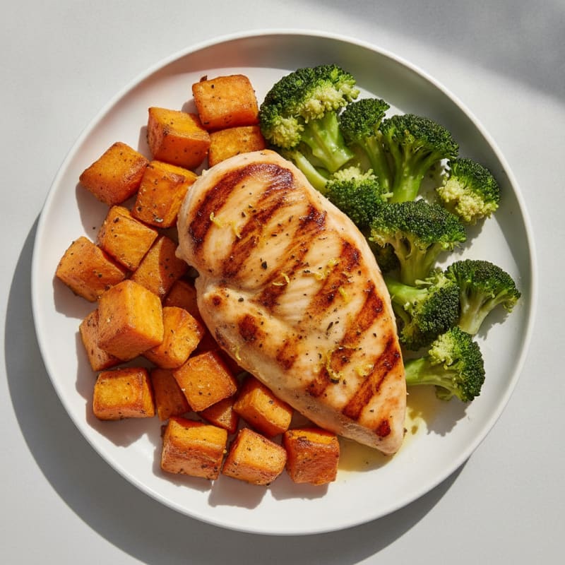 Grilled Chicken Breast with Roasted Sweet Potato and Steamed Broccoli