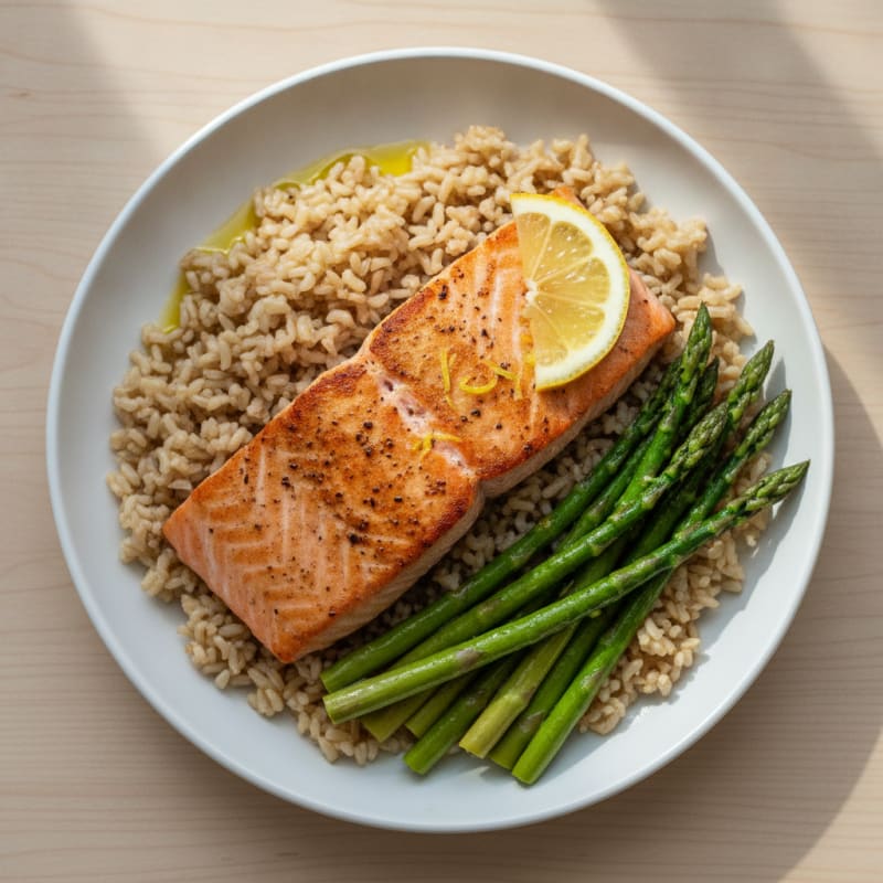 Seared Salmon with Steamed Asparagus and Brown Rice