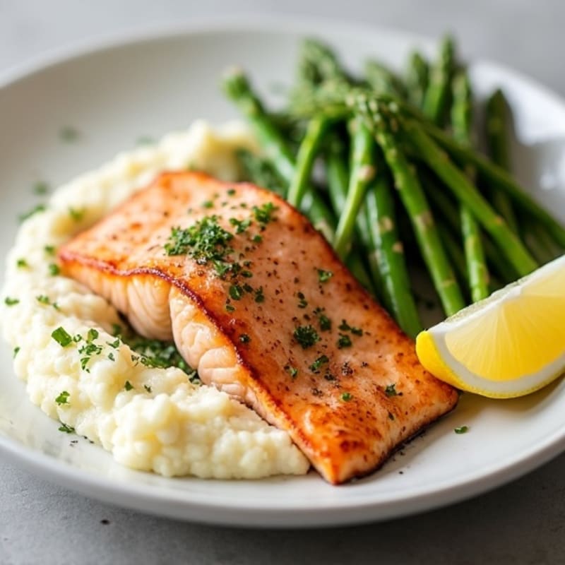 Seared Salmon Fillet with Steamed Asparagus and Cauliflower Mash