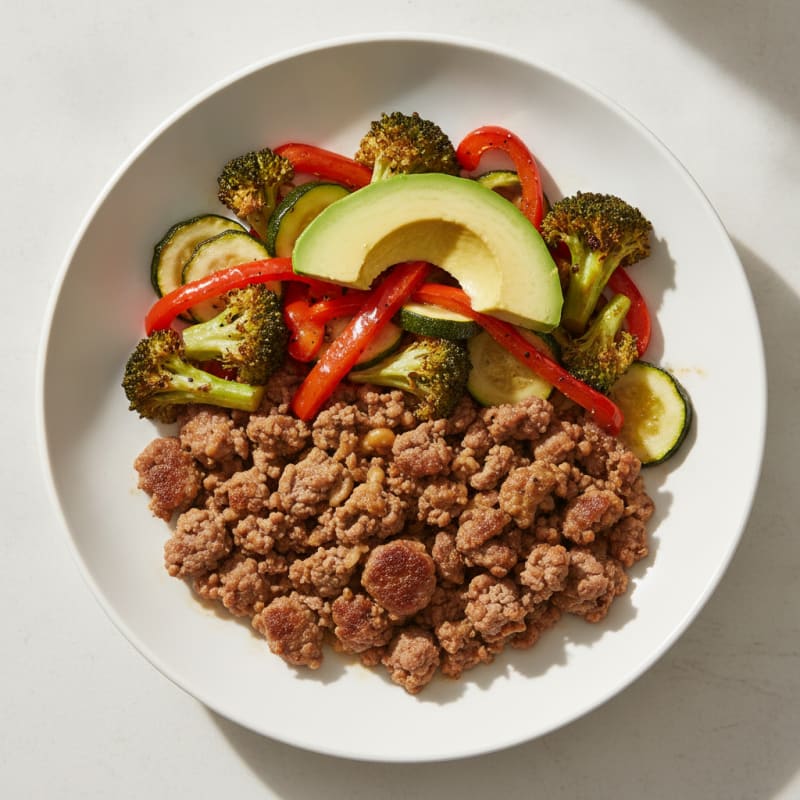 Lean Ground Beef and Roasted Vegetable Bowl