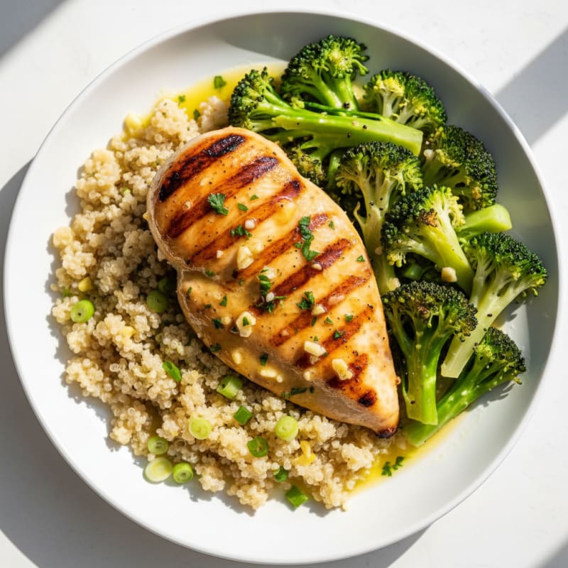 Grilled Lemon-Garlic Chicken Breast with Steamed Broccoli and Quinoa