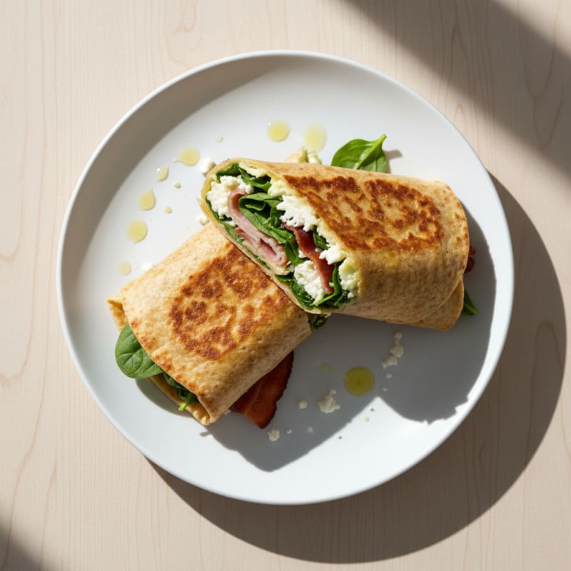 Crispy Egg White and Turkey Bacon Breakfast Wrap with Spinach