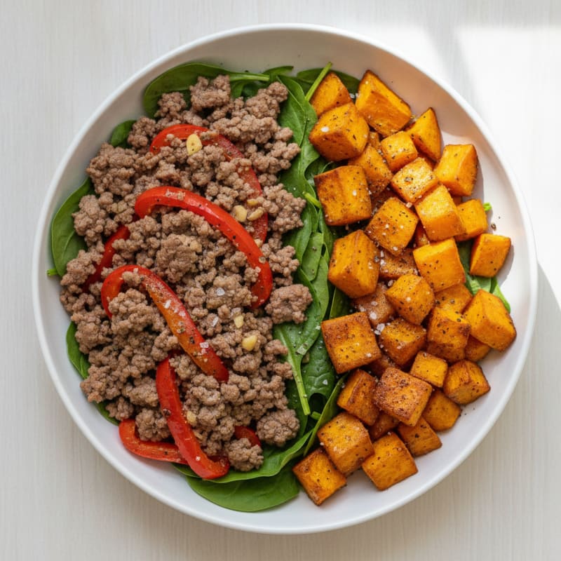 Ground Beef and Roasted Sweet Potato Power Bowl