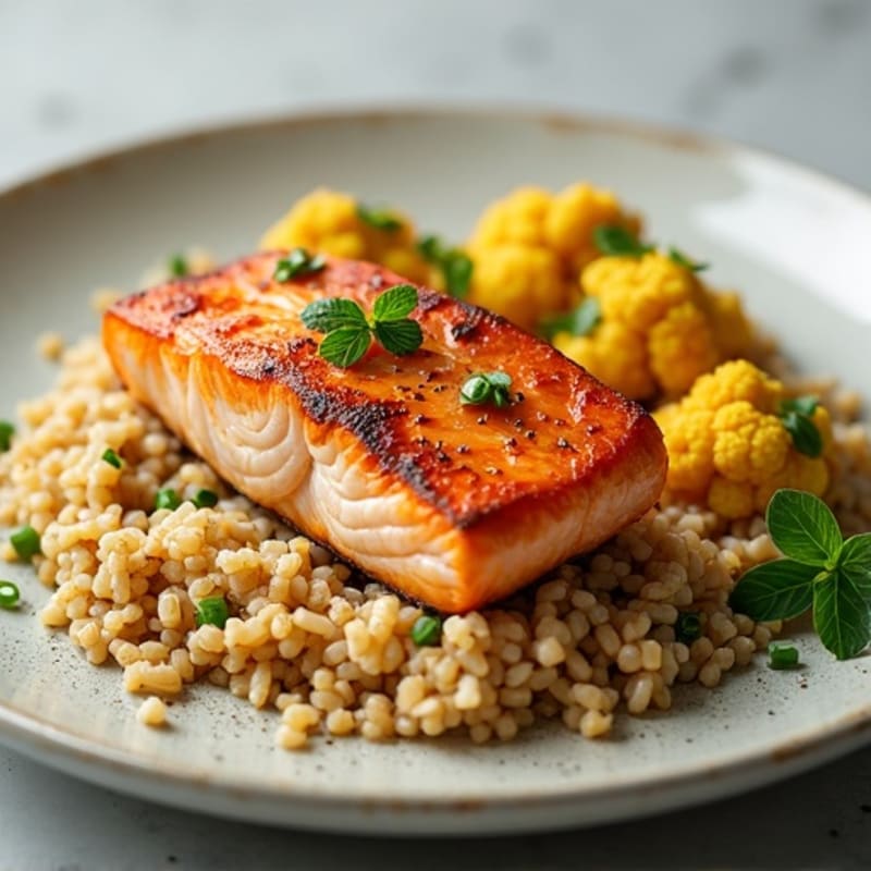 Seared Salmon Fillet with Roasted Cauliflower and Herb Brown Rice