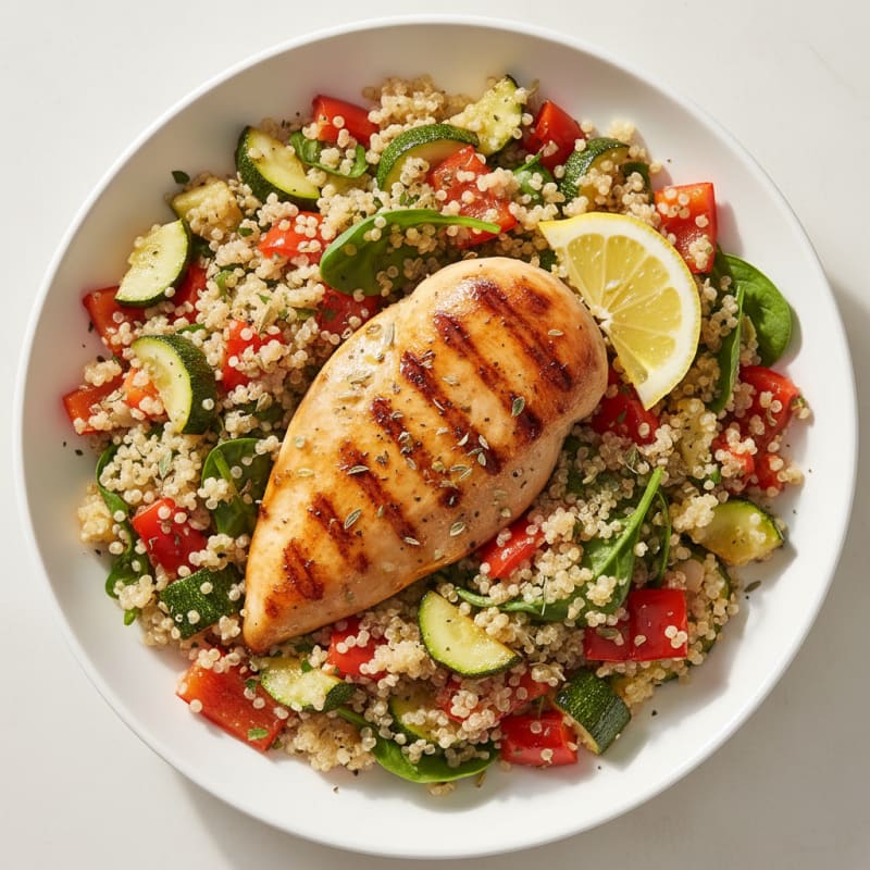 Grilled Chicken Breast with Quinoa Salad and Roasted Vegetables