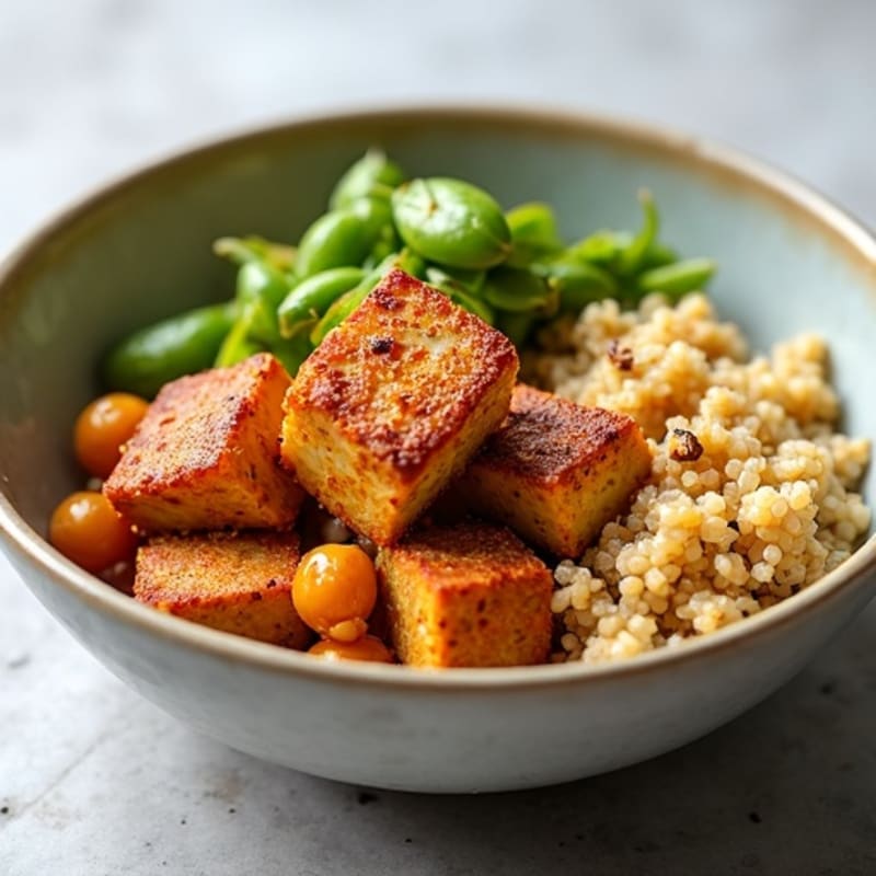 Crispy Tofu and Quinoa Bowl with Roasted Chickpeas
