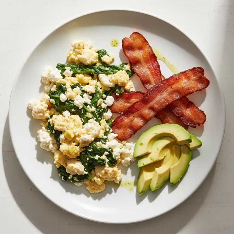 Cottage Cheese Egg Scramble with Spinach and Turkey Bacon