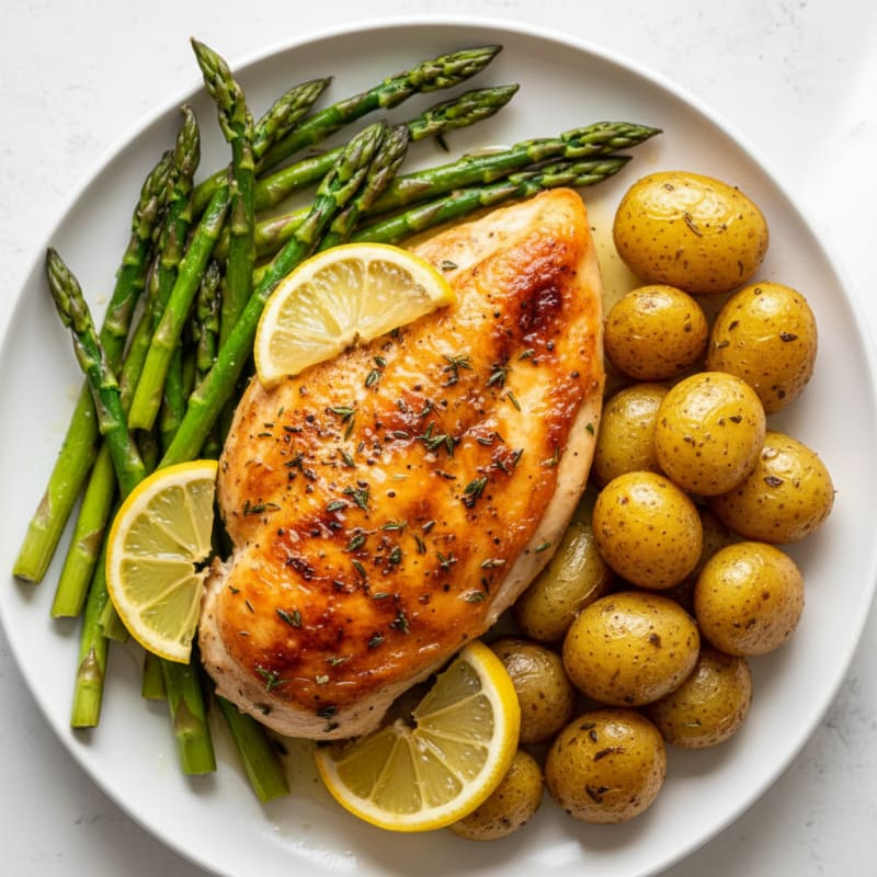 Crispy Lemon-Herb Roasted Chicken with Asparagus