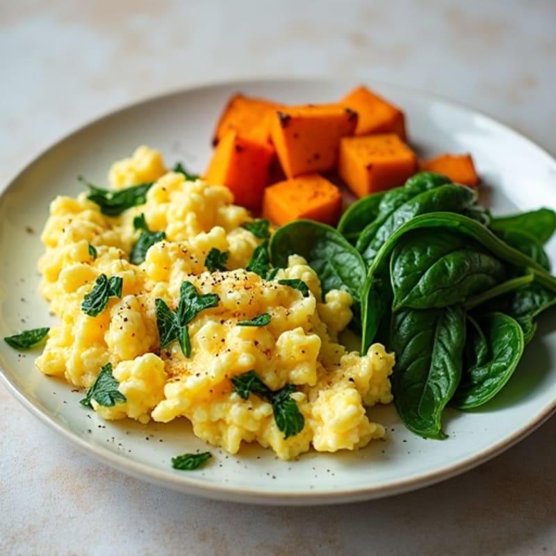 Fluffy Scrambled Eggs with Fresh Spinach and Roasted Sweet Potatoes