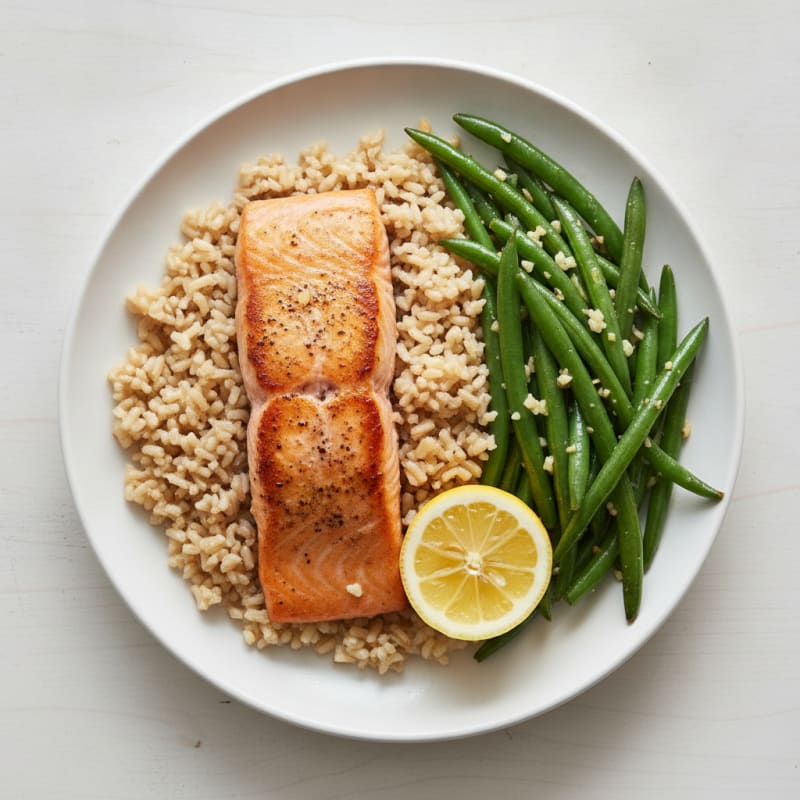 Seared Salmon Fillet with Garlic Green Beans and Brown Rice