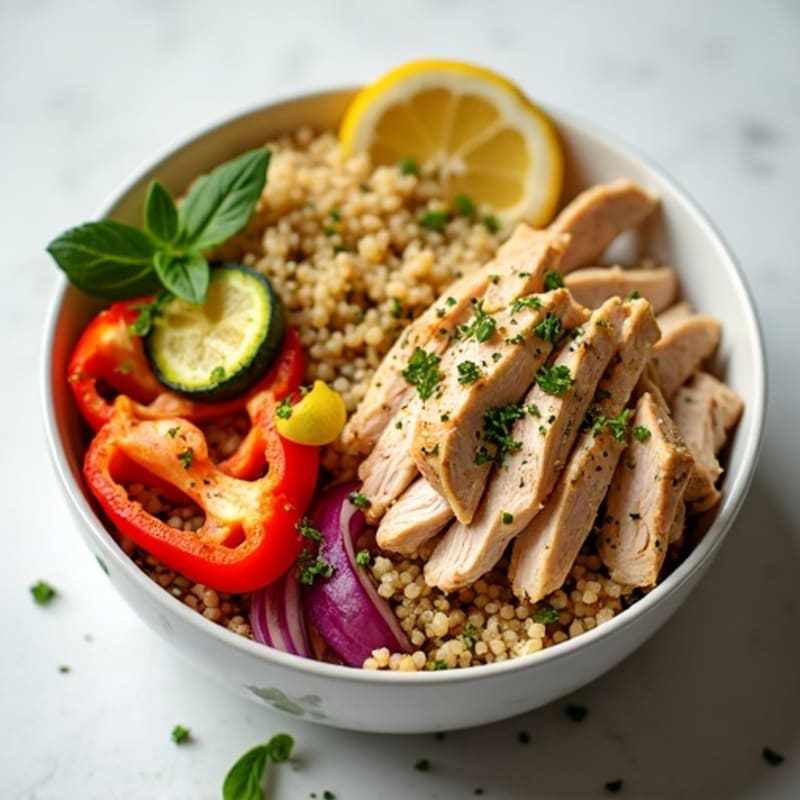 Lemon-Herb Shredded Chicken and Roasted Vegetable Bowl