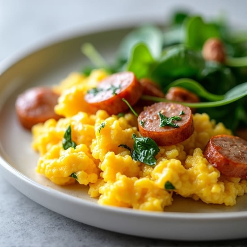 Scrambled Eggs with Chicken Sausage and Spinach