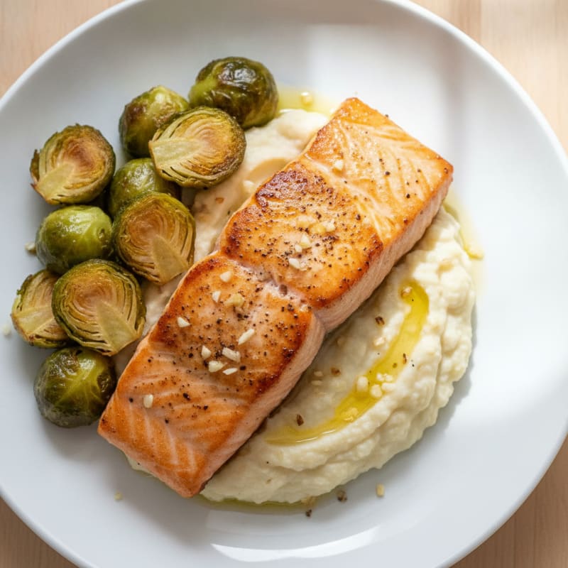 Seared Salmon with Roasted Brussels Sprouts and Cauliflower Mash