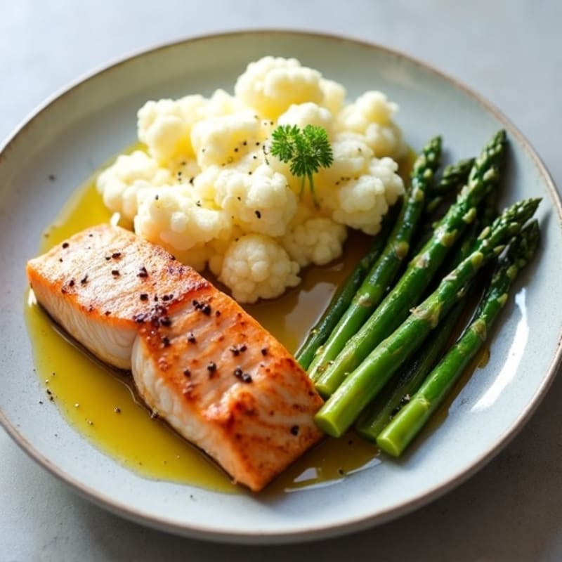 Seared Salmon with Steamed Asparagus and Garlic Mashed Cauliflower