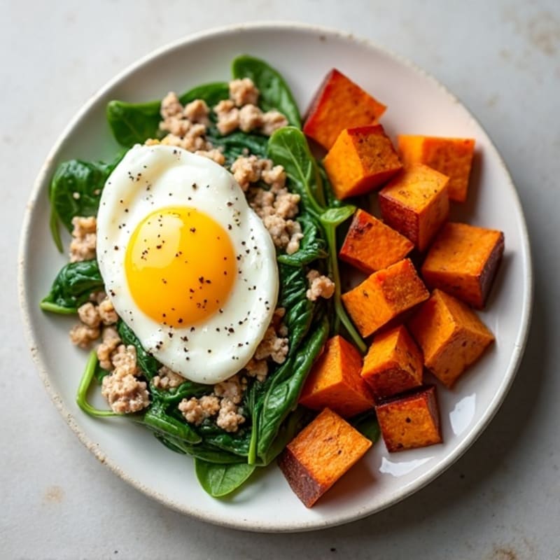 Egg White and Turkey Spinach Scramble with Roasted Sweet Potato