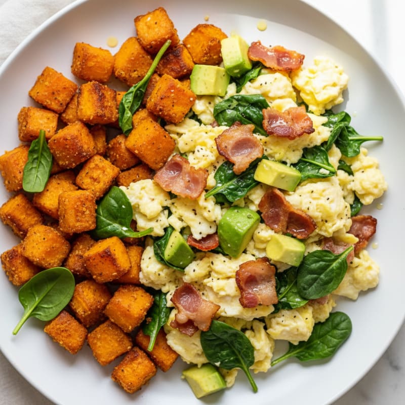 Crispy Turkey Bacon and Egg White Scramble with Roasted Sweet Potatoes