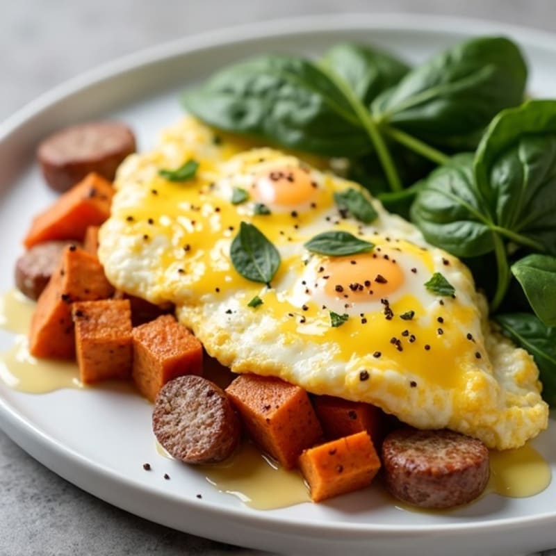 Egg White Scramble with Turkey Sausage and Roasted Sweet Potatoes