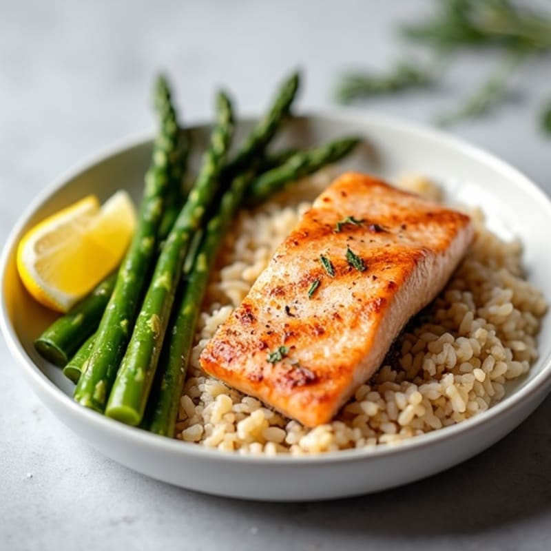 Seared Salmon with Steamed Asparagus and Brown Rice