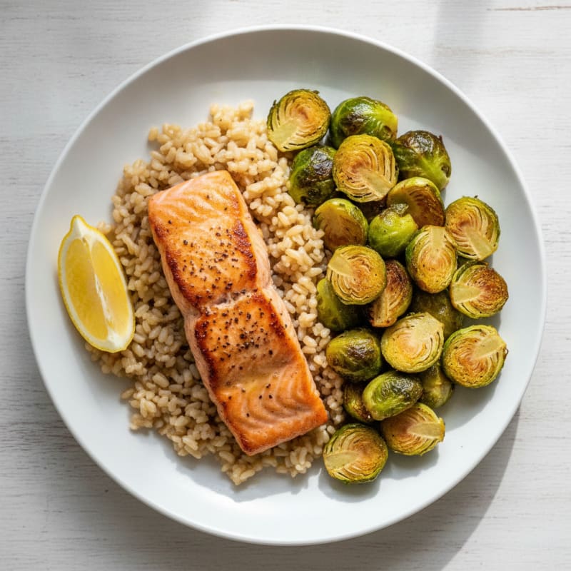 Seared Salmon Fillet with Roasted Brussels Sprouts and Brown Rice