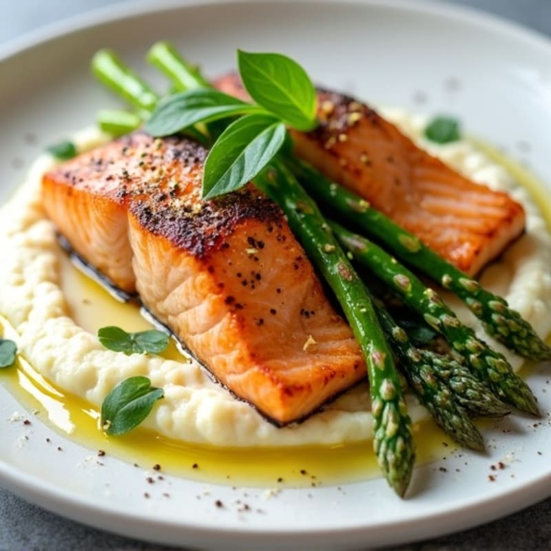 Seared Salmon with Steamed Asparagus and Cauliflower Mash