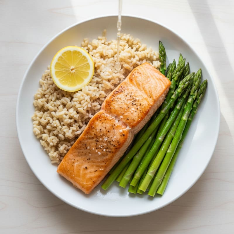 Seared Salmon Fillet with Steamed Asparagus and Brown Rice