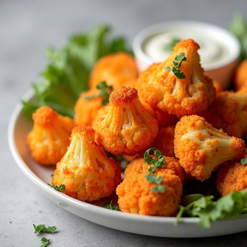Crispy Roasted Buffalo Cauliflower Bites with Greek Yogurt Dip