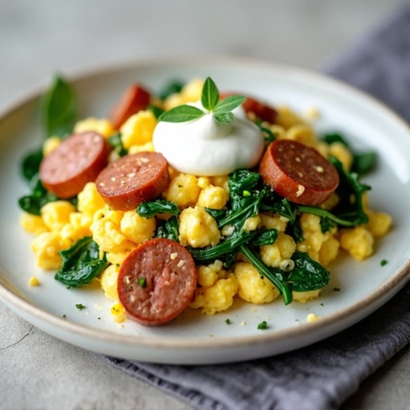 Egg White Spinach Scramble with Turkey Sausage and Greek Yogurt