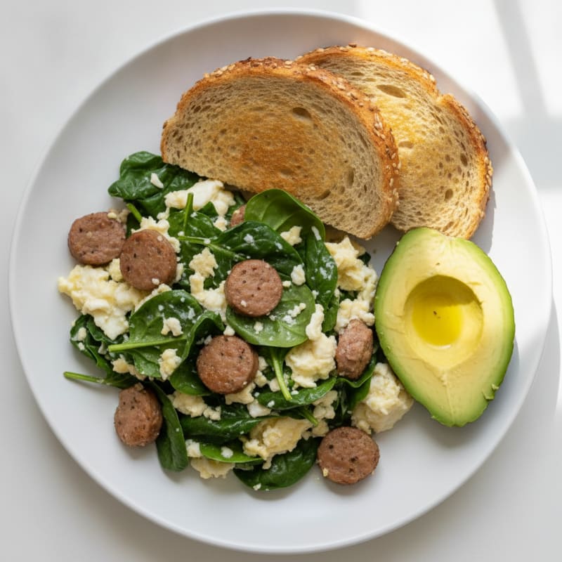 Egg White Spinach Scramble with Turkey Sausage