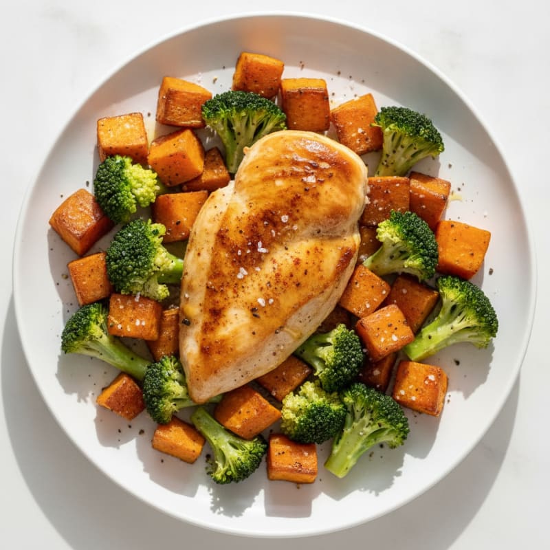 Roasted Chicken Breast with Sweet Potatoes and Broccoli