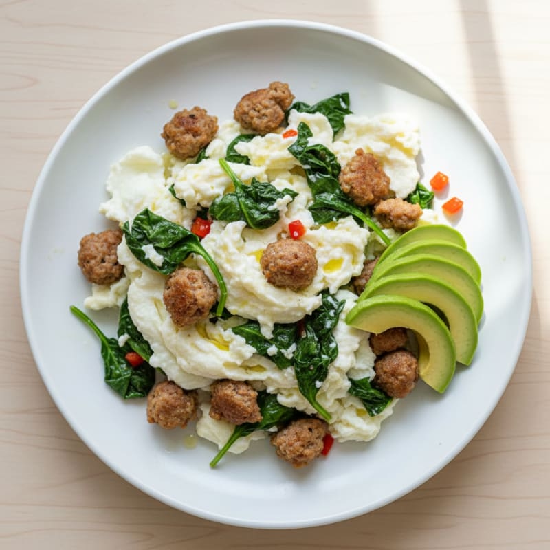 Egg White Scramble with Turkey Sausage and Sautéed Spinach