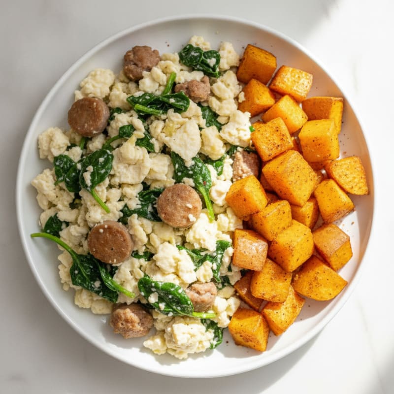 Egg White and Turkey Sausage Scramble with Spinach and Roasted Sweet Potatoes