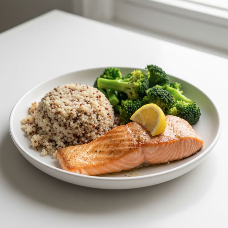 Seared Salmon with Steamed Broccoli and Quinoa